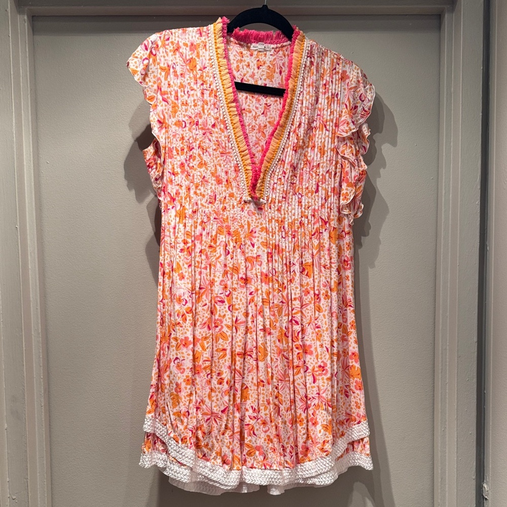 Poupette St. Barth Pink & Orange Floral V-Neck Flutter Sleeve Tunic